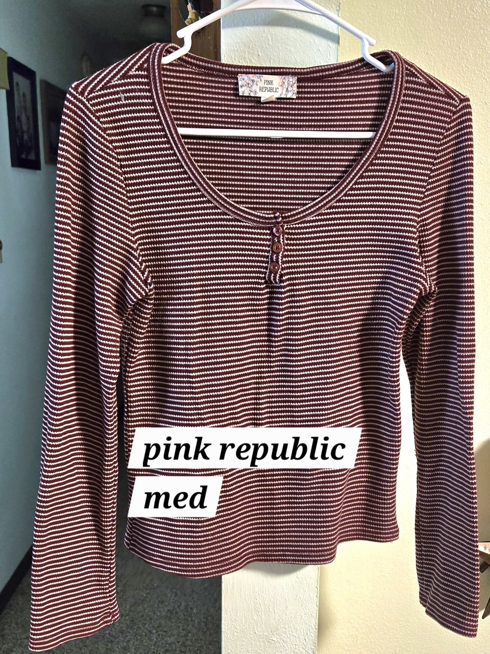 Pink Republic Maroon and White Striped Long Sleeve Henley
